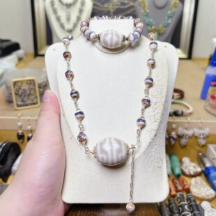 天缘超精品白毫双虎牙连花心天珠手链项链两件套