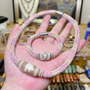 天缘早期精品胖墩子白毫天珠水纹宝瓶精编余生手绳项链两件套