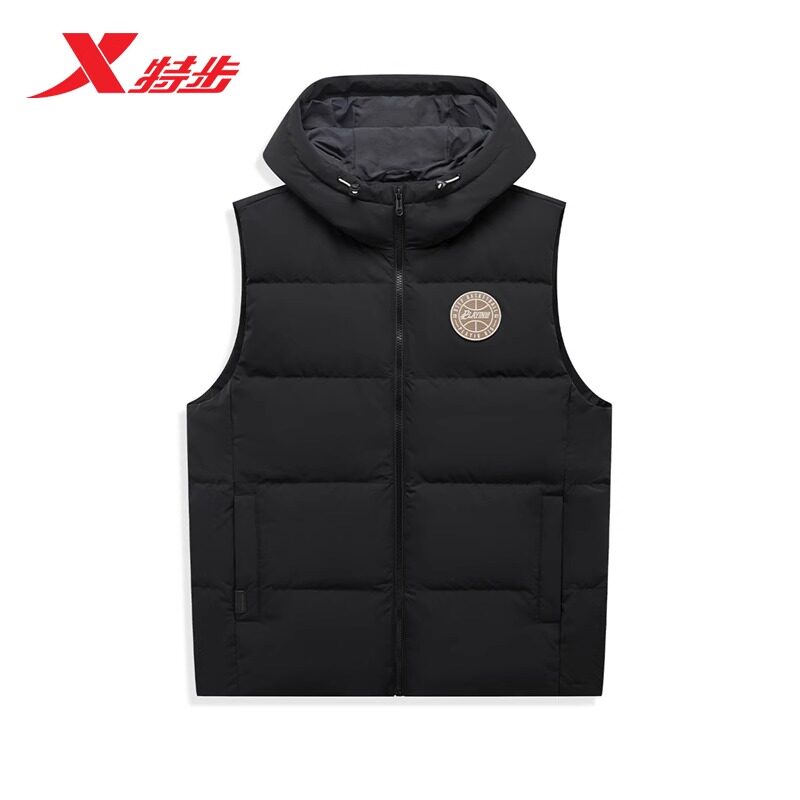 特步羽绒马甲男款2024冬季新款背心连帽篮球宽松保暖运动上衣薄款