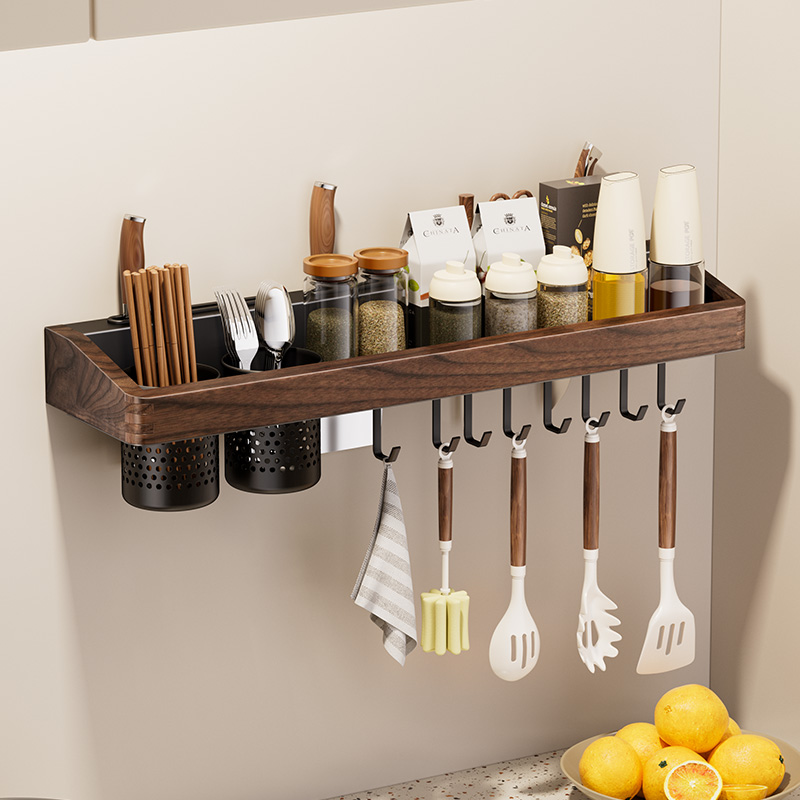 胡桃木厨房置物架中古风壁挂刀架调味料用品多功能壁挂式收纳架子