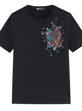 ANDREW MACKENZIE意大利夏季提花烫钻圆领短袖T恤男潮流时尚