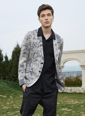 ANDREW MACKENZIE男士春秋款休闲舒适平驳领满版印花西服外套上衣