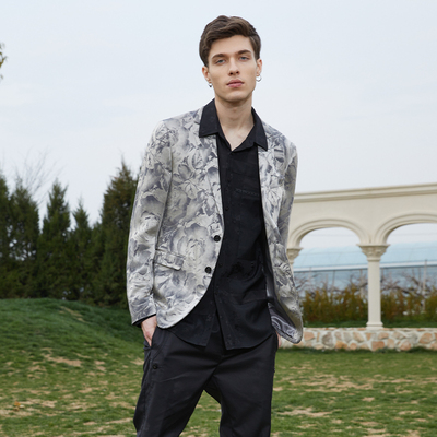 ANDREW MACKENZIE男士春秋款休闲舒适平驳领满版印花西服外套上衣
