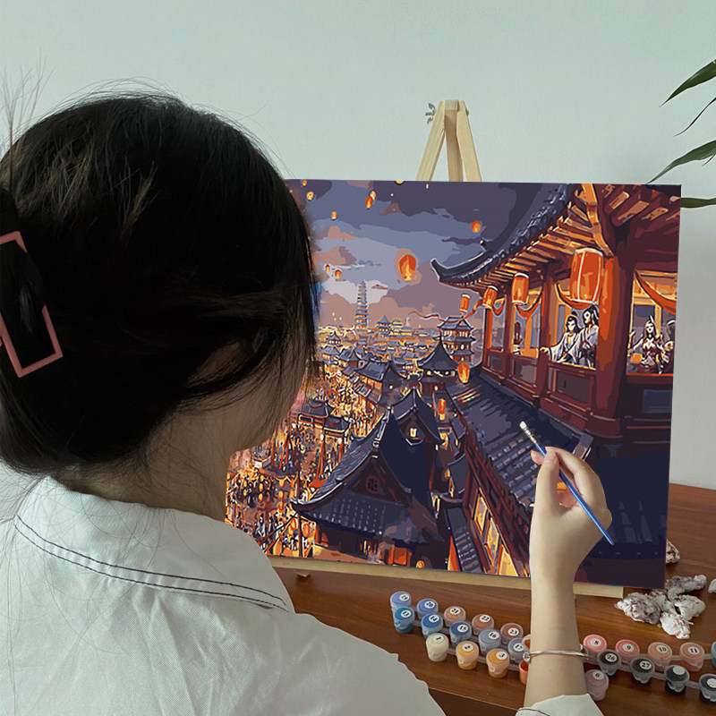 diy数字油画华灯初上定制填充颜料油彩画治愈系中国风景丙烯画_虎窝淘