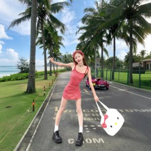 泳衣红色格子连体泳装 独特海边沙滩连衣裙比基尼游泳衣 高级感泰式