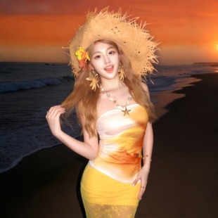 独特性感纯欲海边沙滩装 泳衣黄色印花抹胸蕾丝裙分体泳装 热辣泰式