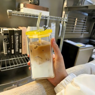 玻璃杯方形高硼硅吸管杯带盖直饮茶杯咖啡奶茶杯子高颜值外出携带