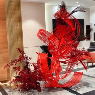 新年装饰红色竹篾竹排马年氛围布置商场店铺公司前台喜庆竹条装扮