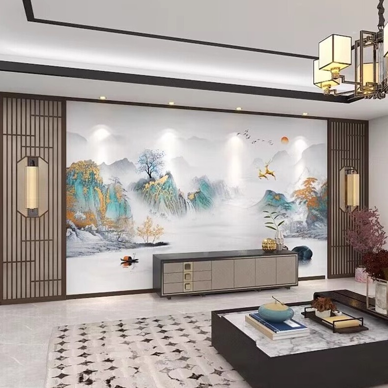 新中式山水画电视背景墙壁纸沙发壁画客厅卧室装饰画麋鹿个性定制图片