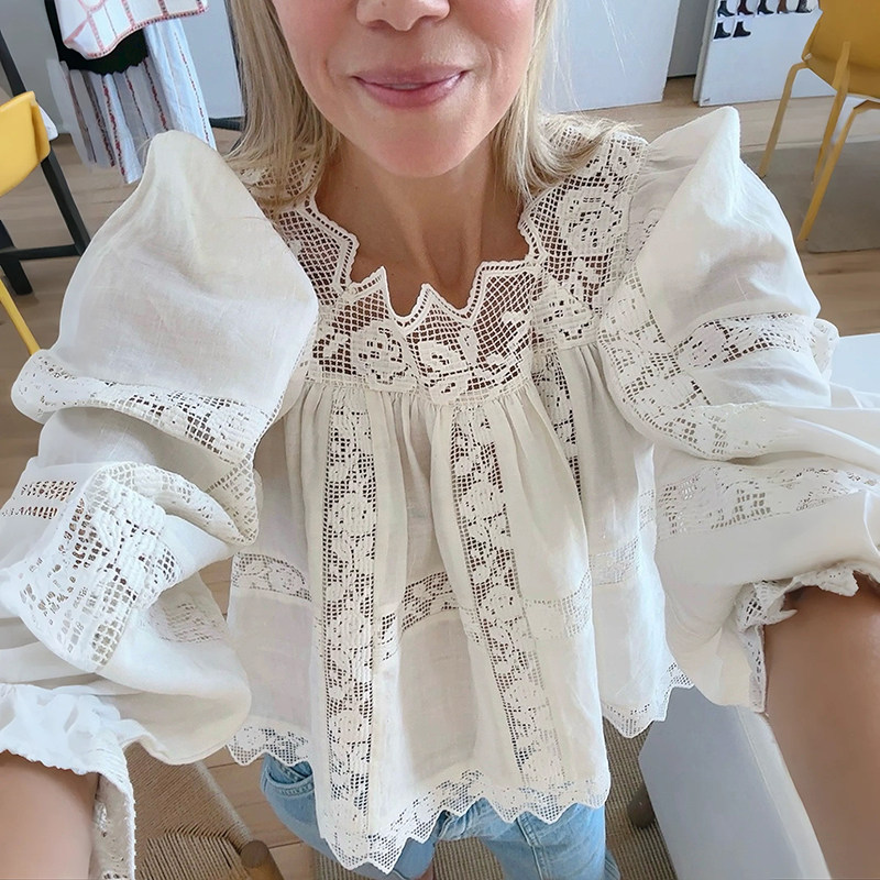 法式小众 2026春夏温柔蕾丝三角方领泡泡袖刺绣宽松套头衬衣,女装/女士精品,衬衫,淘宝优惠券,粉丝福利购,淘宝优惠卷