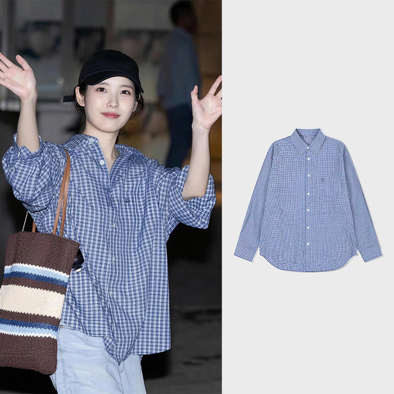 IU~款韩国小众2026春夏清冷男友风蓝色小格子POLO领长袖衬衫