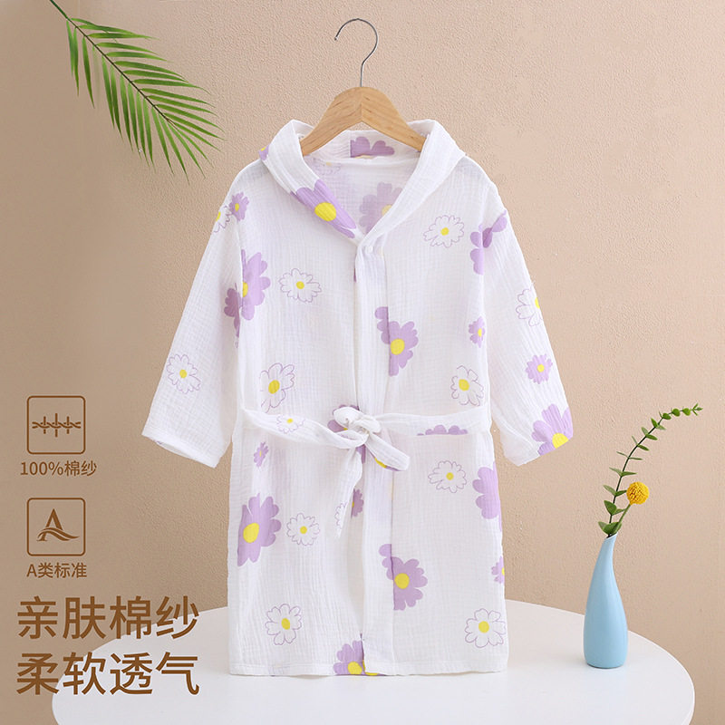 纯棉浴袍系带超薄夏季两层纱布宝宝浴衣柔软透气卡通儿童家居服
