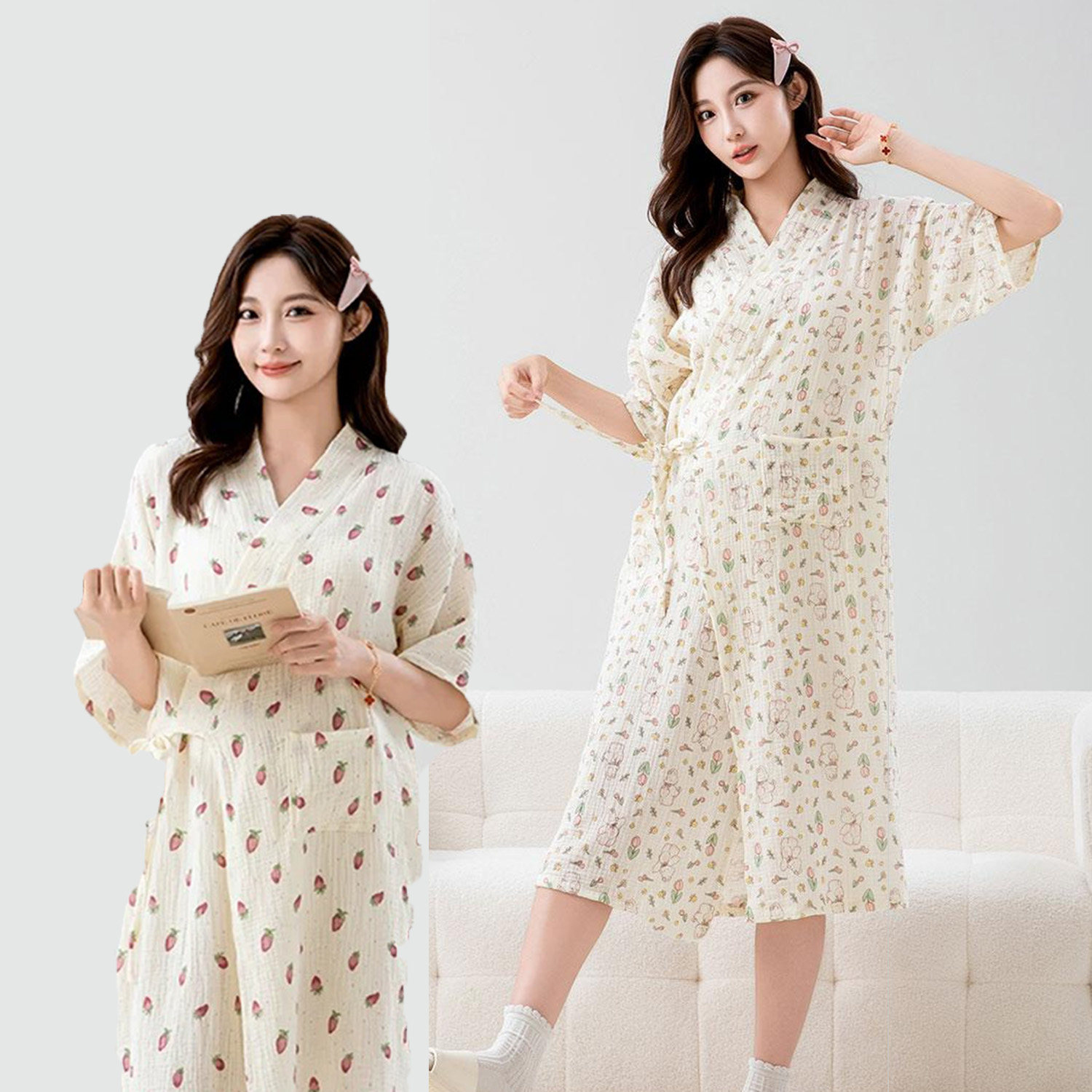 加长纯棉纱布浴裙女短袖夏季绑带轻薄柔软家居服睡衣超薄透气浴衣