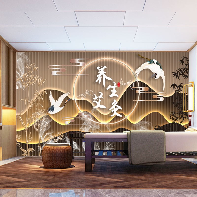 中医理疗店针灸正骨壁画养生会所前台装饰壁纸诊所诊室背景墙墙纸
