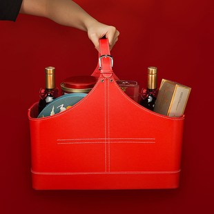 手提多功能礼品篮大容量收纳皮革节日礼盒结婚伴手礼篮年会礼品篮