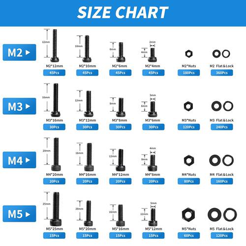跨境 1760pcs M2 M3 M4 M5 12.9级碳钢黑色柱杯螺丝螺母垫片盒装