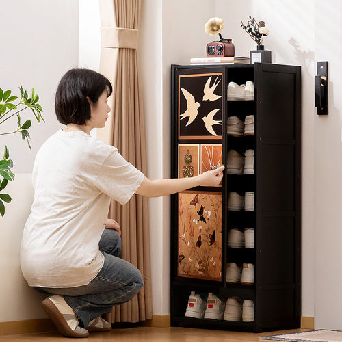 中古风入户鞋柜家用门口一体柜落地走廊多功能多层收纳鞋架严选