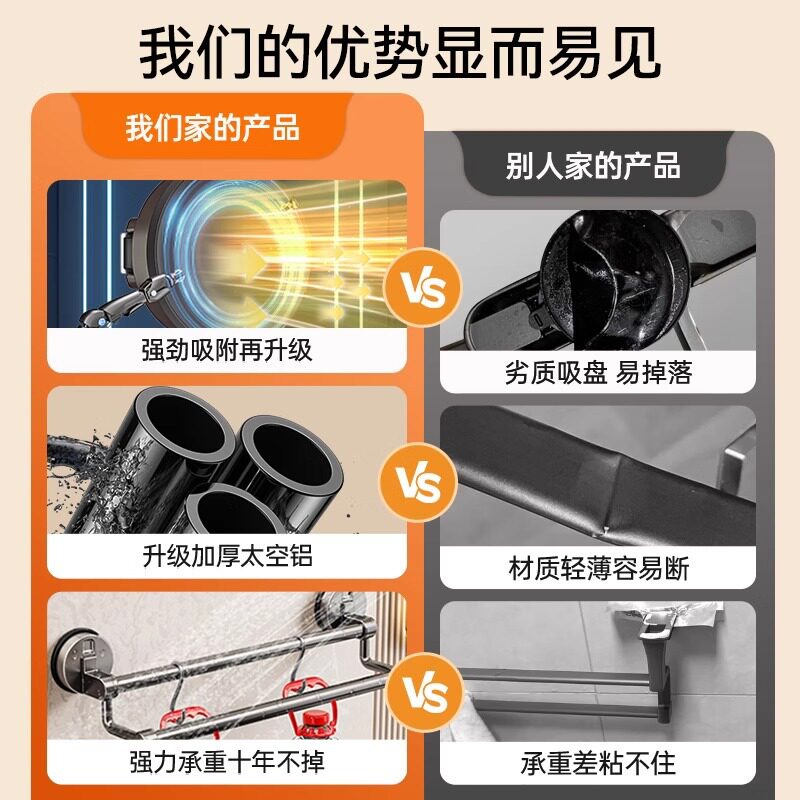 吸盘卫生间毛巾架子免打孔壁挂置物架浴室毛巾双杆洗手间收纳挂架图片