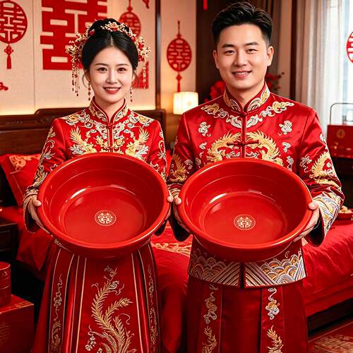 结婚喜盆女方陪嫁加厚红洗脸盆一