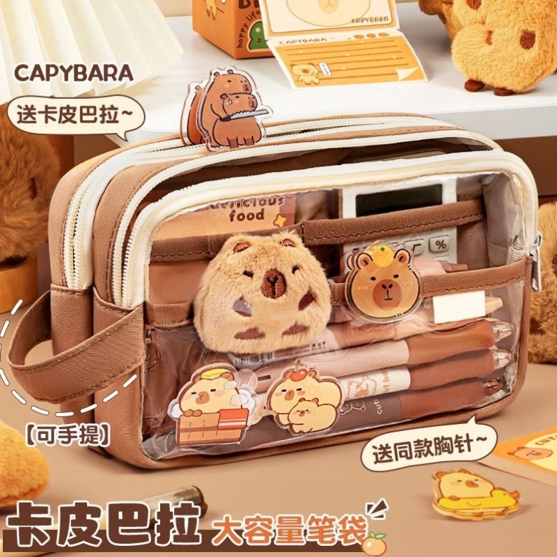 简约风外出男新款超大不撞款笔袋学生年级初中韩版高级可爱蜡笔画