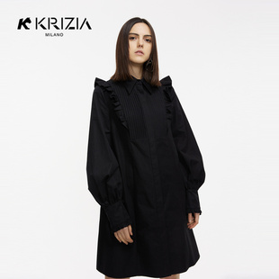 黑色小飞袖 KRIZIA 新品 棉府绸气质宽松箱型娃娃连衣裙