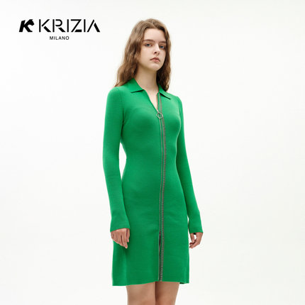 K KRIZIA春季新品绿色设计感中长款拉链性感修身针织连衣裙