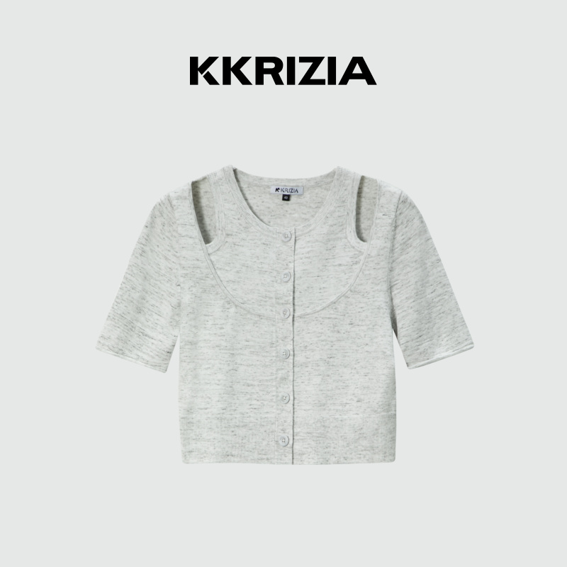 春季新品设计感假两件短款短袖针织衫上衣女