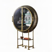 不锈钢轻奢圆形高档酒柜别墅客厅设计师复古靠墙玻璃门储物展示柜