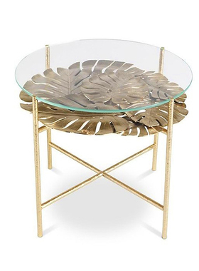 意大利轻奢纯铜茶几设计师别墅客厅黄铜玻璃叶子造型奢华圆形边几