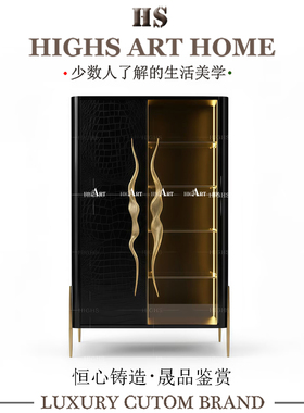 高奢艺术感真皮酒柜别墅豪宅家用高端创意设计感收藏柜玻璃展示柜