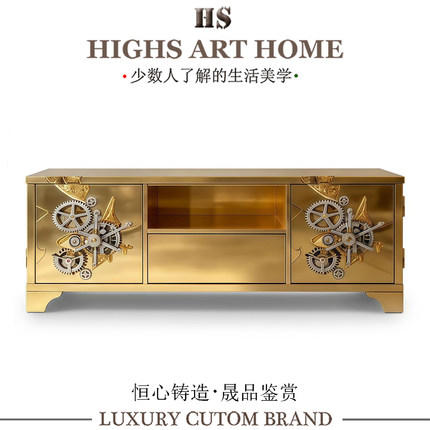新款高端金属齿轮电视柜艺术感落地储物柜别墅豪宅客厅家用收纳柜