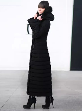 【特价】修身显瘦双排扣连帽羽绒服女加长加厚过膝超长款保暖冬季