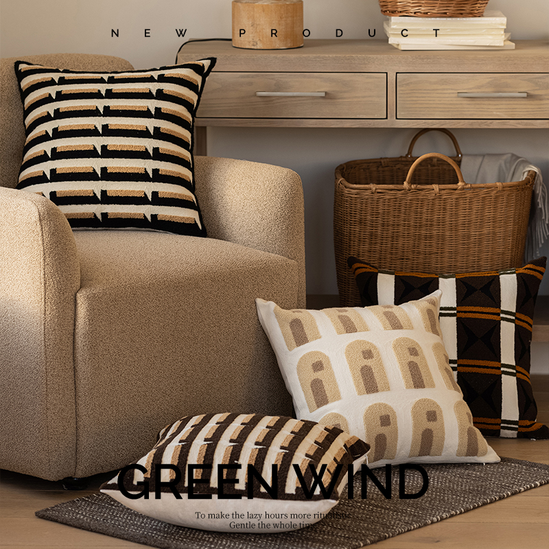 风也绿 复古咖调几何抱枕复古简约靠垫客厅沙发靠枕民宿装饰方枕