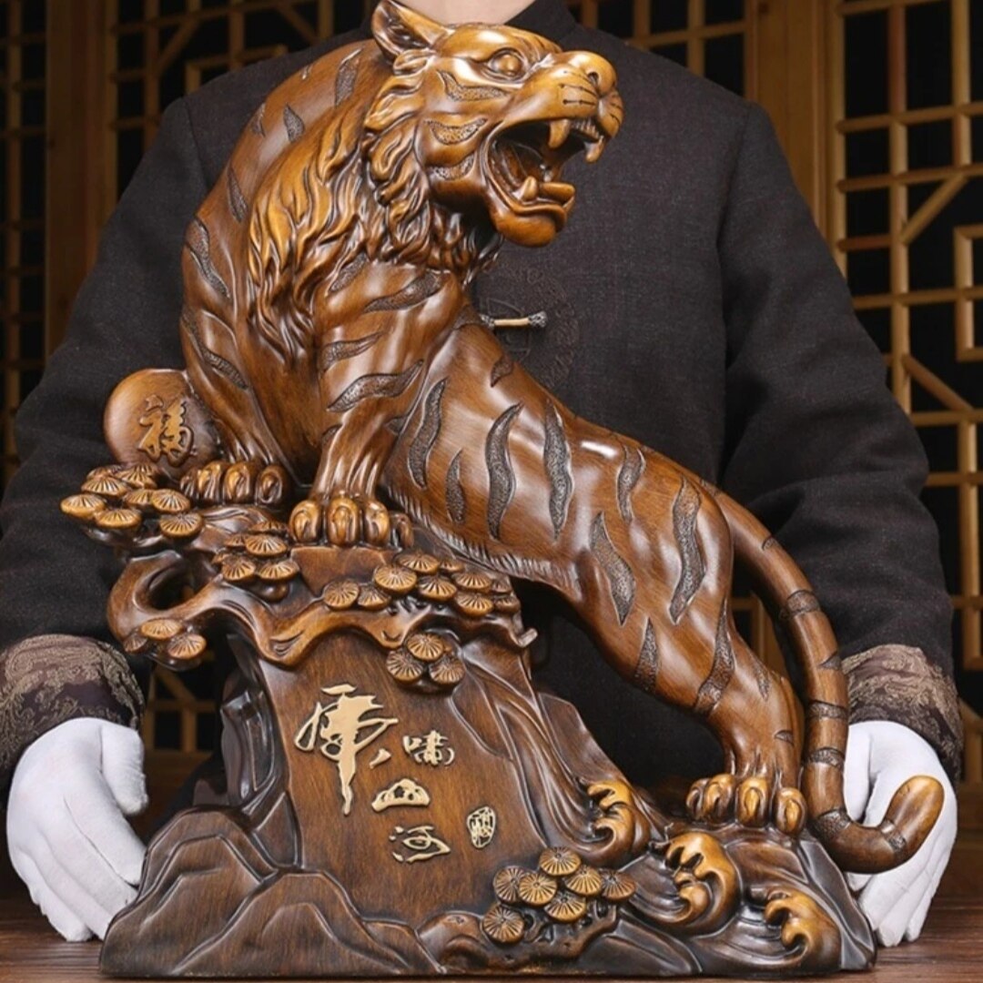 老虎摆件乔迁电视柜装修实木质酒柜博古架高档商务玄关中式办公桌