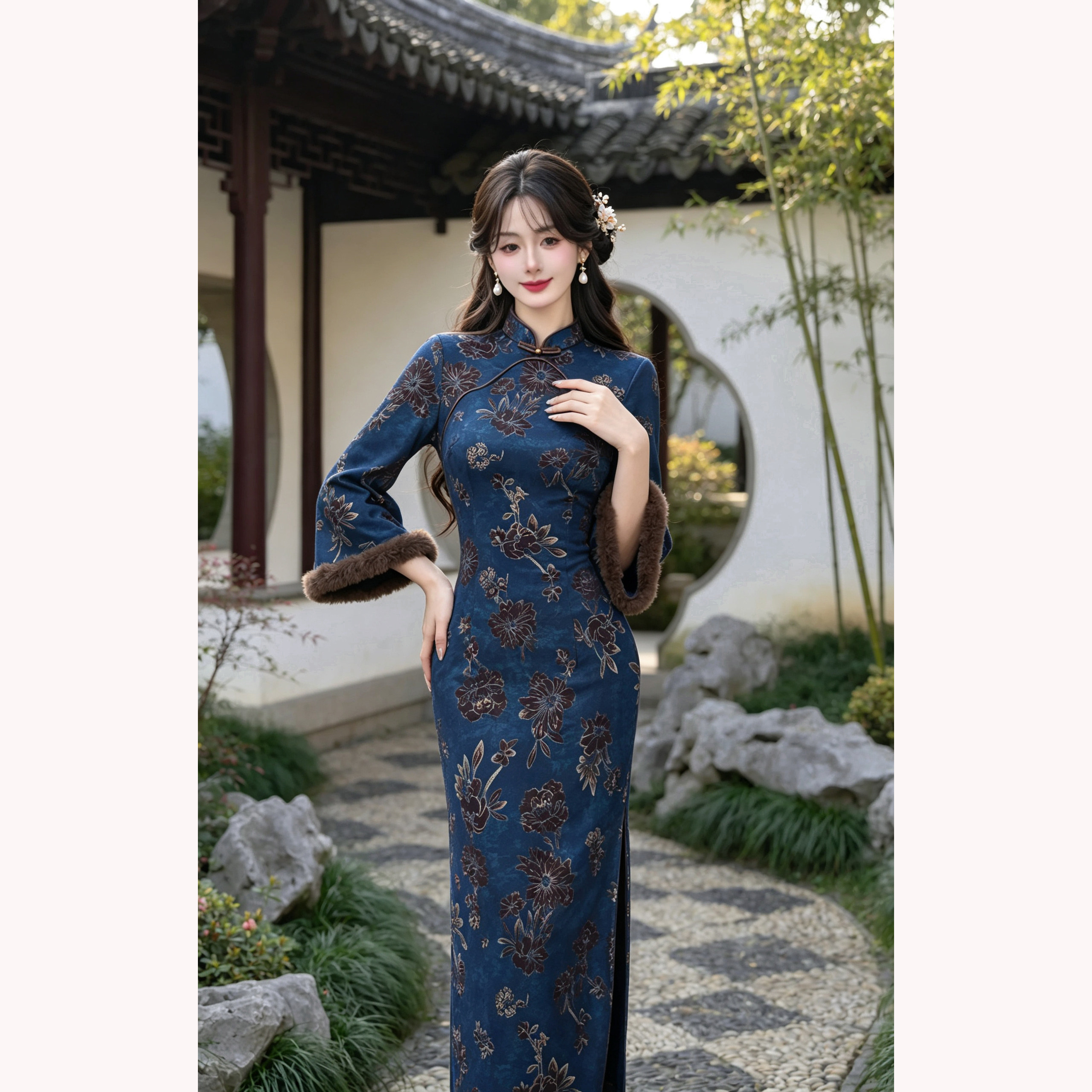 【长明灯蓝-加绒】潇夫人自制秋冬国风显白旗袍新中式连衣裙气质