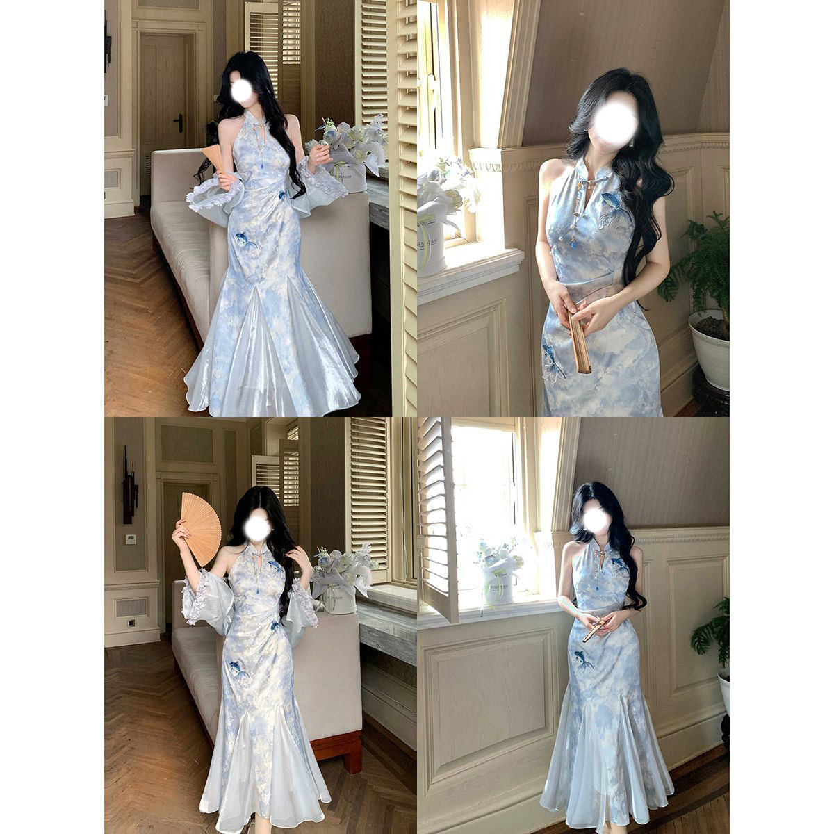 【碧海游鳞】潇夫人自制春夏新款新中式印花鎏光纱改良鱼尾旗袍套图片