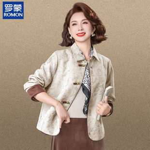 罗蒙今年流行的妈妈秋装国风印花翻领外套中老年女装秋季短款夹克