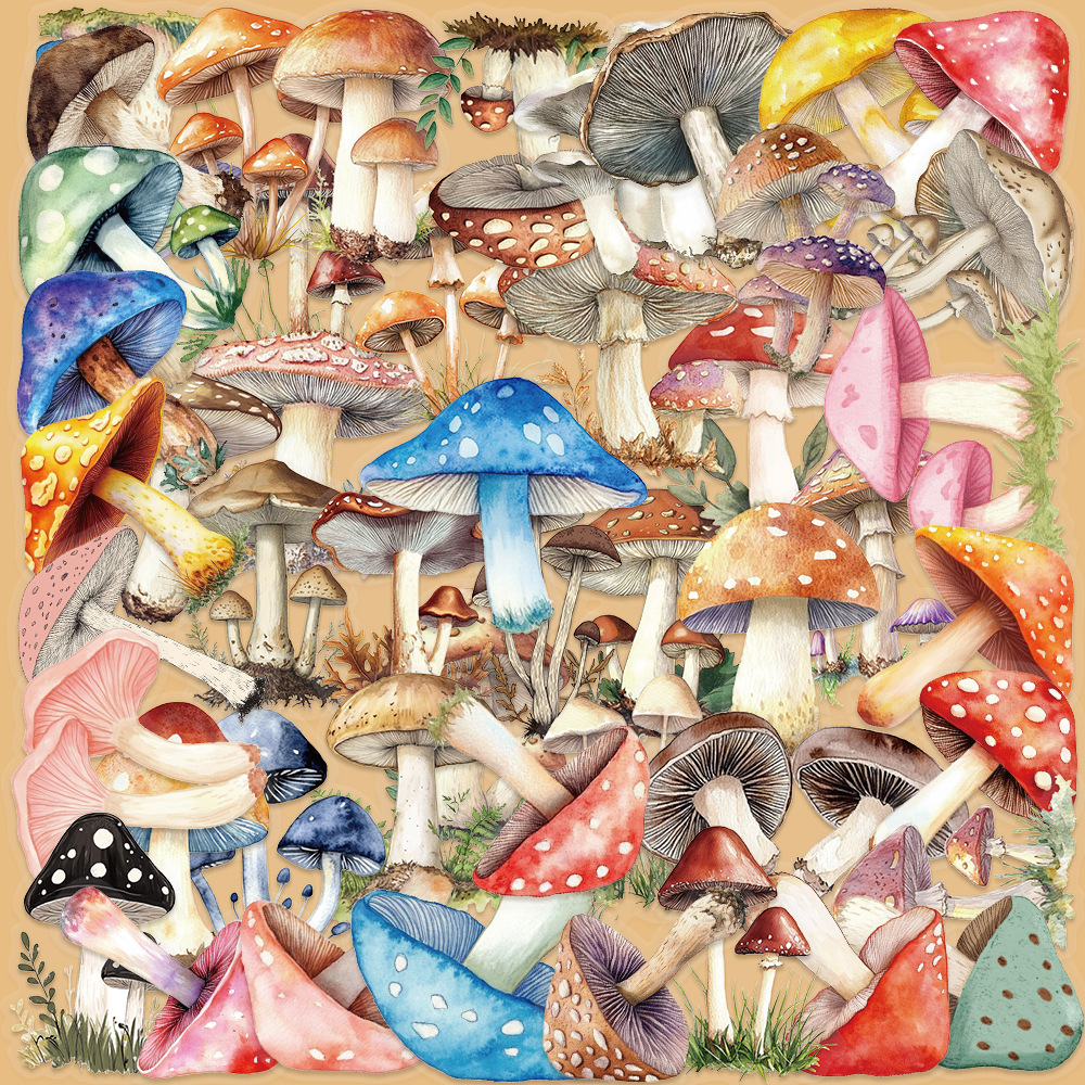 100张卡通彩绘蘑菇PET贴纸ins风创意装饰笔记本文具桌面防水贴画