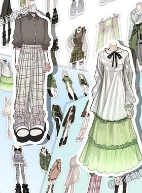 228张OC服设素材贴纸ins风绿色小清新oc服装绘画参考diy手机手账
