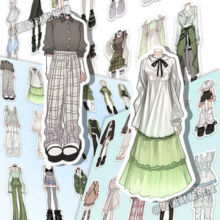 228张OC服设素材贴纸ins风绿色小清新oc服装绘画参考diy手机手账