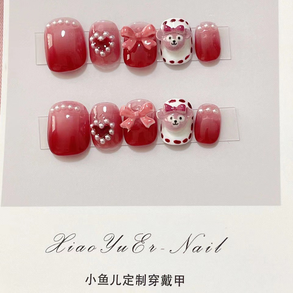 【魅甲】纯手工制作短方圆渐变美甲贴片晕染雪莉玫可爱假指甲