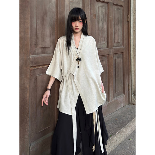 新中式道袍绑带短袖衬衫外套中性