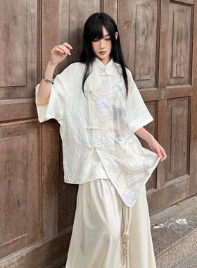 FG721小众新中式上衣女夏季新款刺绣提花衬衫设计感国风短袖衬衣