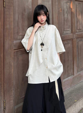 FG721 原创高级感衬衫中性风半高领设计感小众短袖衬衣山本风上衣