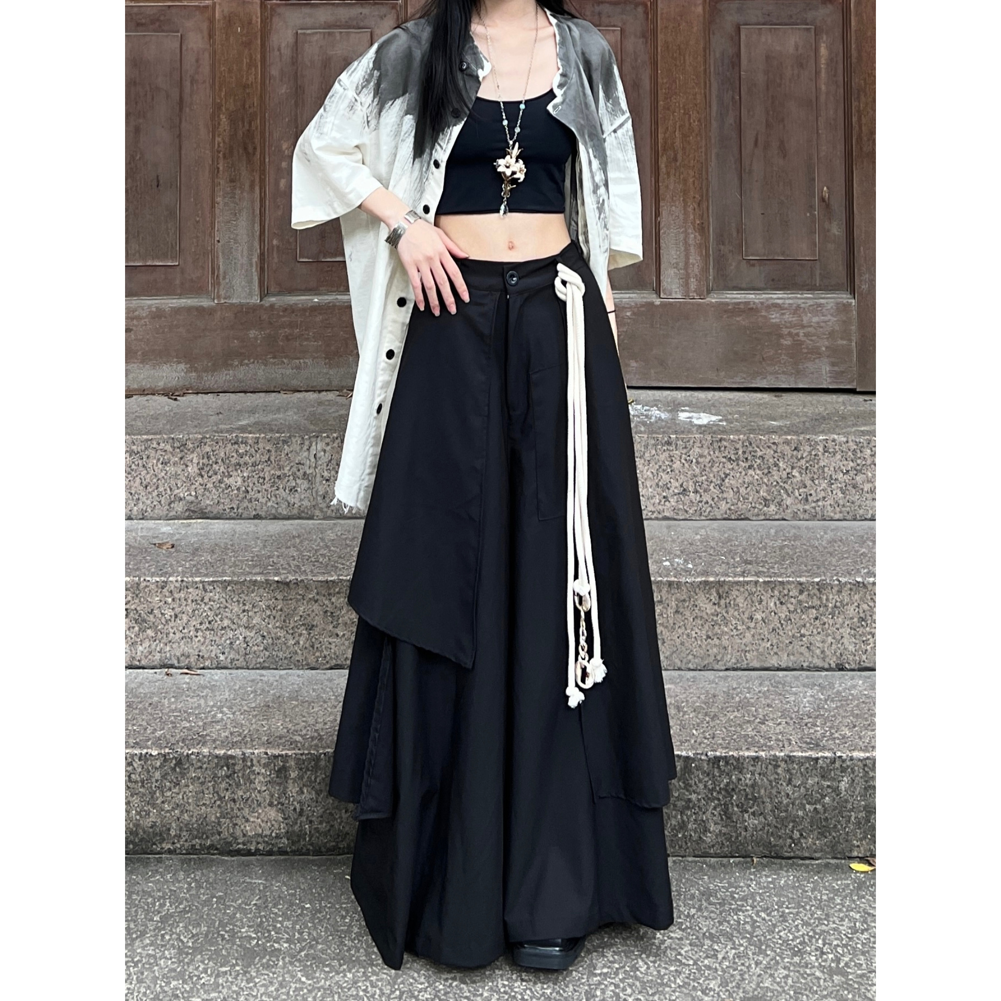 FG721山本裤裙女秋季新款阔腿裙裤新中式裤子设计感小众拖地裤