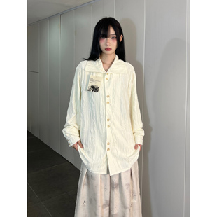 FG721日系高级感秋冬打底衫女褶皱设计感中性男女衬衫单排扣外套