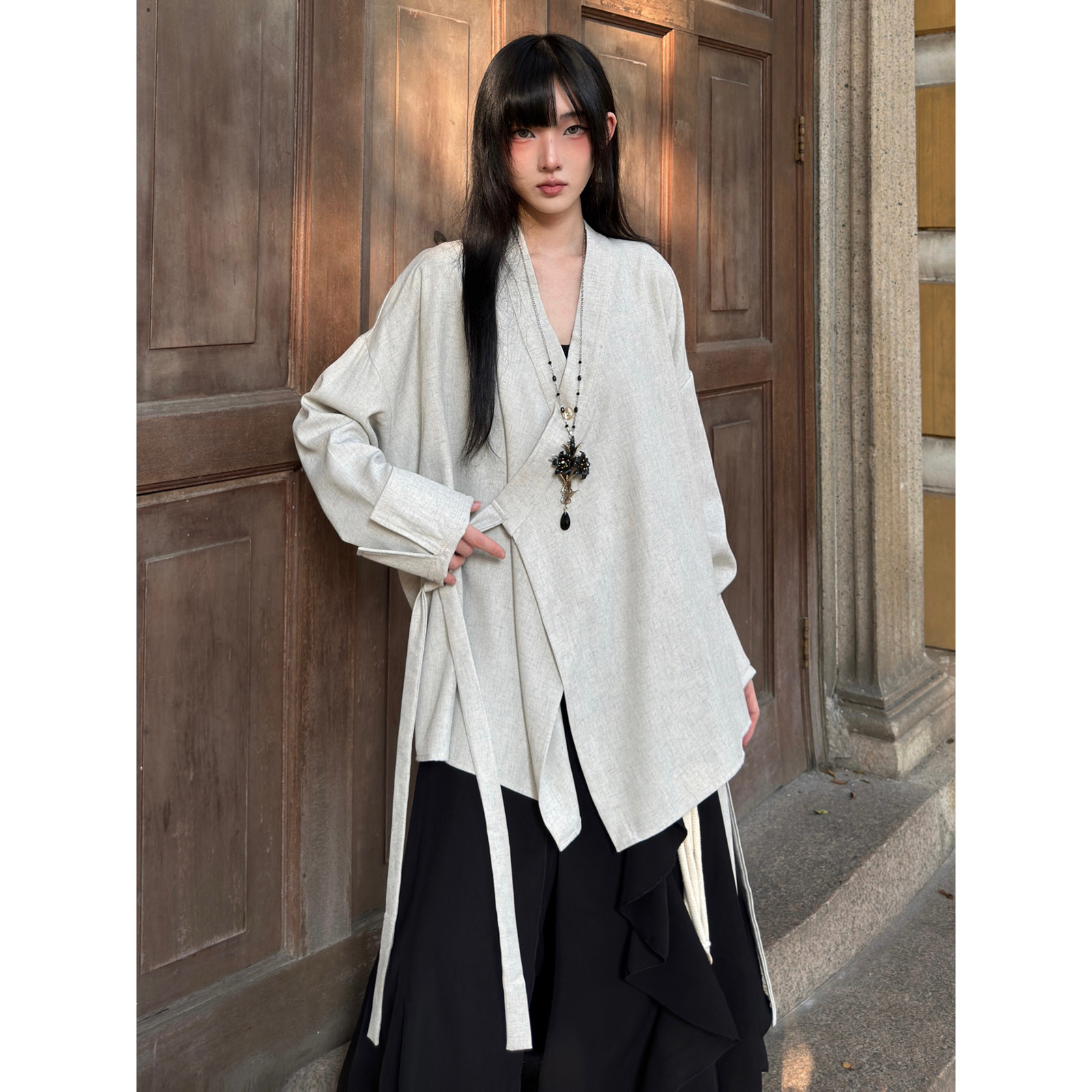 FG721 原创设计感小众上衣女新中式道袍秋冬绑带长袖衬衫外套中性