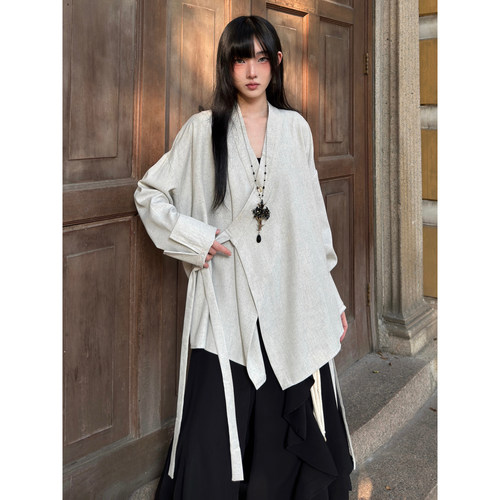 原创新中式道袍秋冬绑带长袖衬衫