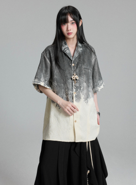FG721 新中式扎染提花衬衫女夏季新款设计感小众国风衬衣短袖上衣