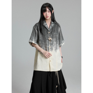 FG721 新中式扎染提花衬衫女夏季新款设计感小众国风衬衣短袖上衣